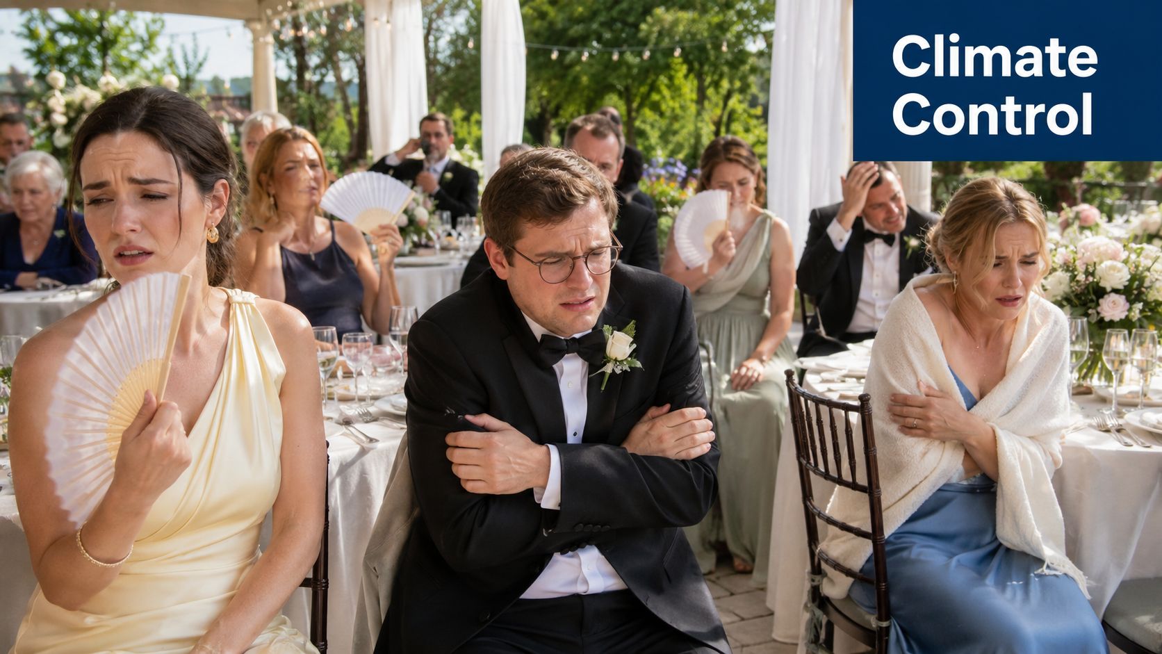 Wedding guests appearing uncomfortable and cold while using fans and wrapped in shawls at an outdoor event.