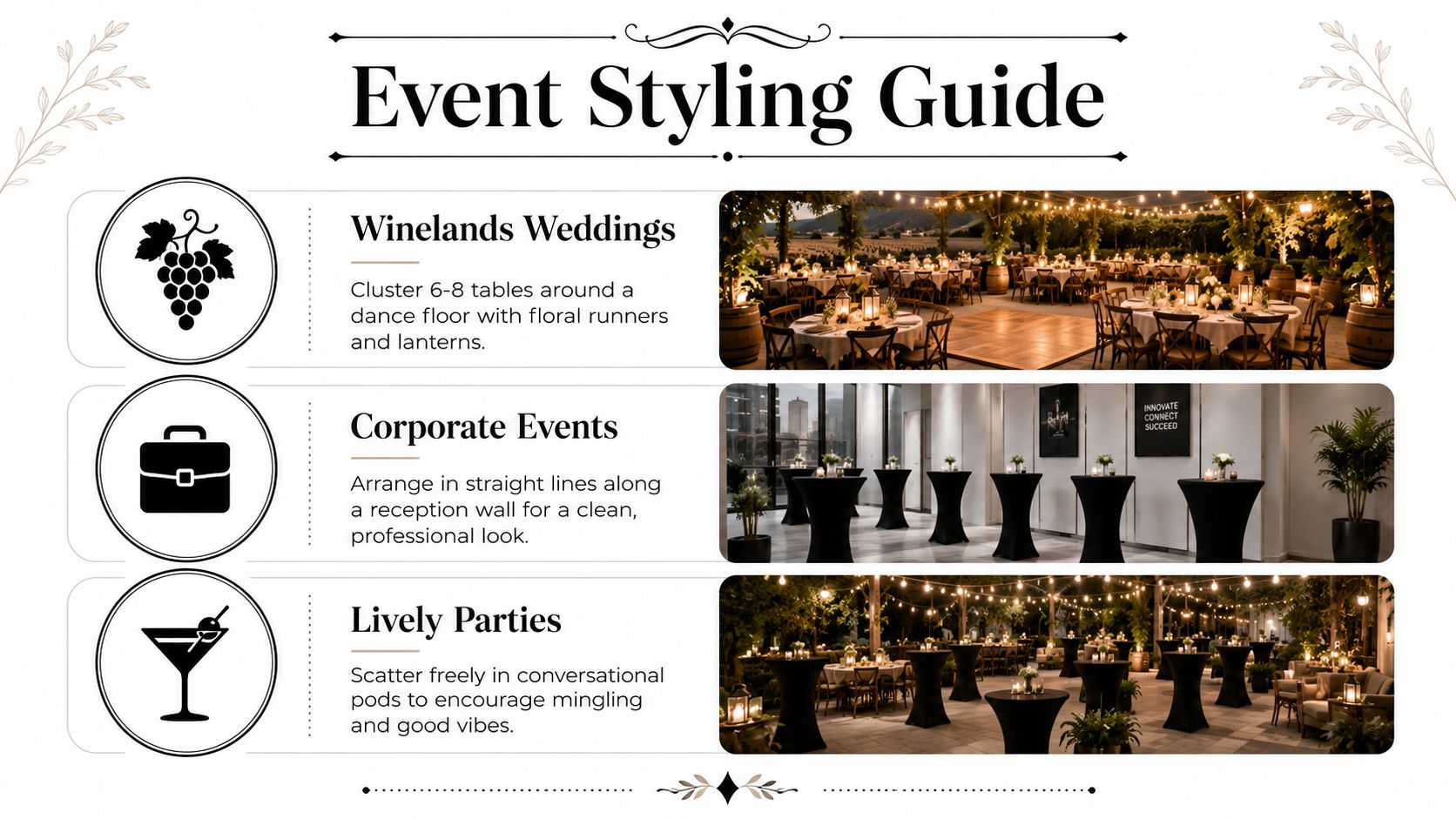 An event styling guide featuring tips for weddings, corporate events, and parties with table arrangement examples.