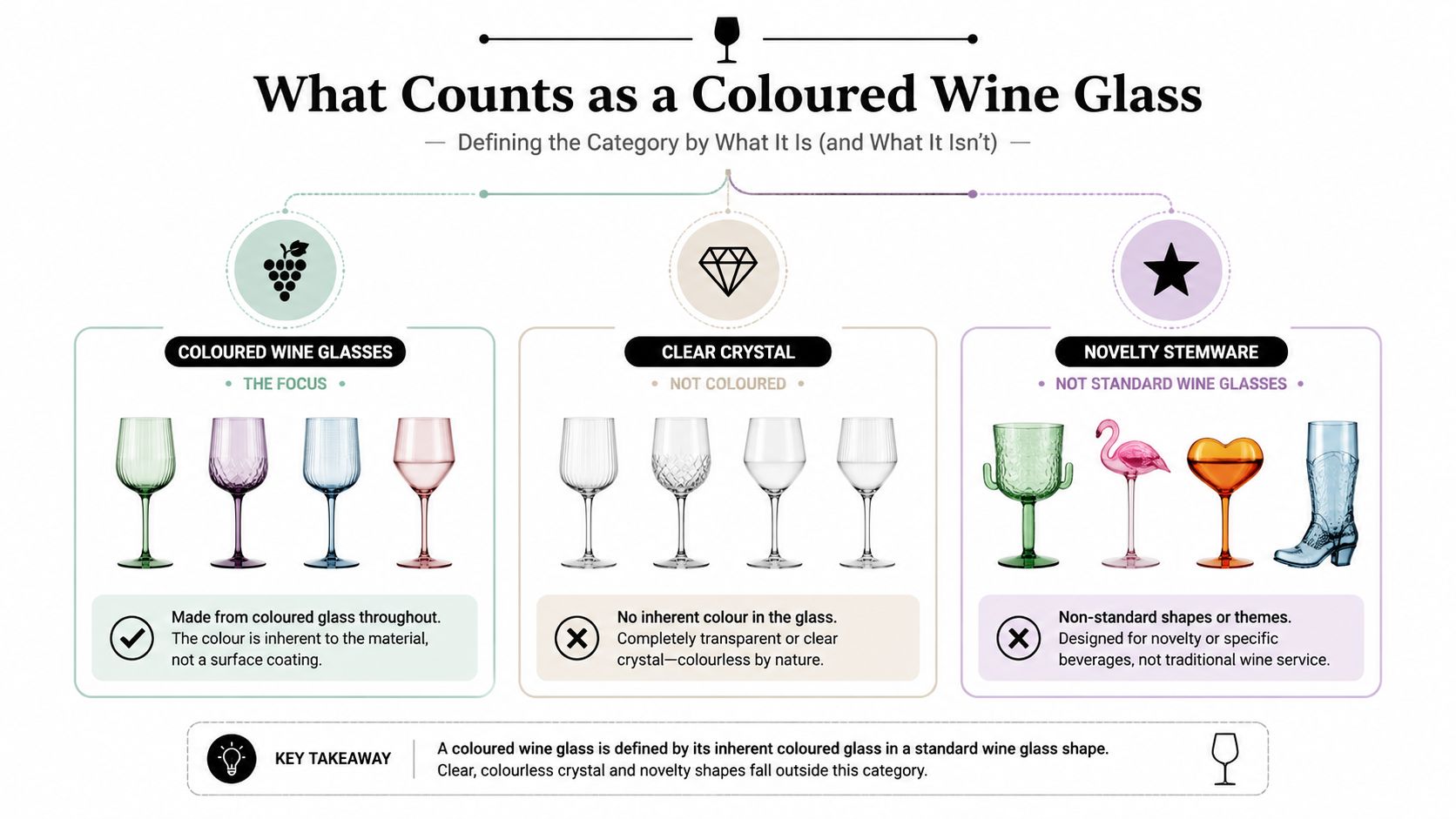 A visual guide explaining the classification of coloured wine glasses versus clear crystal and novelty stemware.