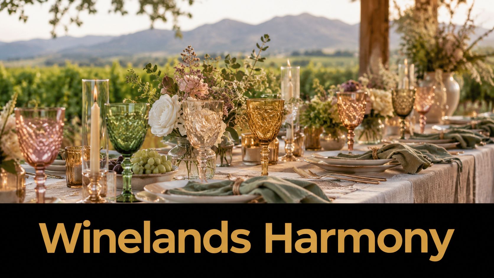 An elegant outdoor table setting featuring vibrant colored wine glasses and floral centerpieces against a vineyard backdrop.