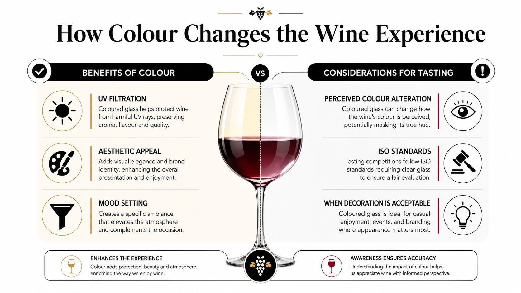 An infographic comparing the benefits and tasting considerations of using coloured glass for wine drinking.