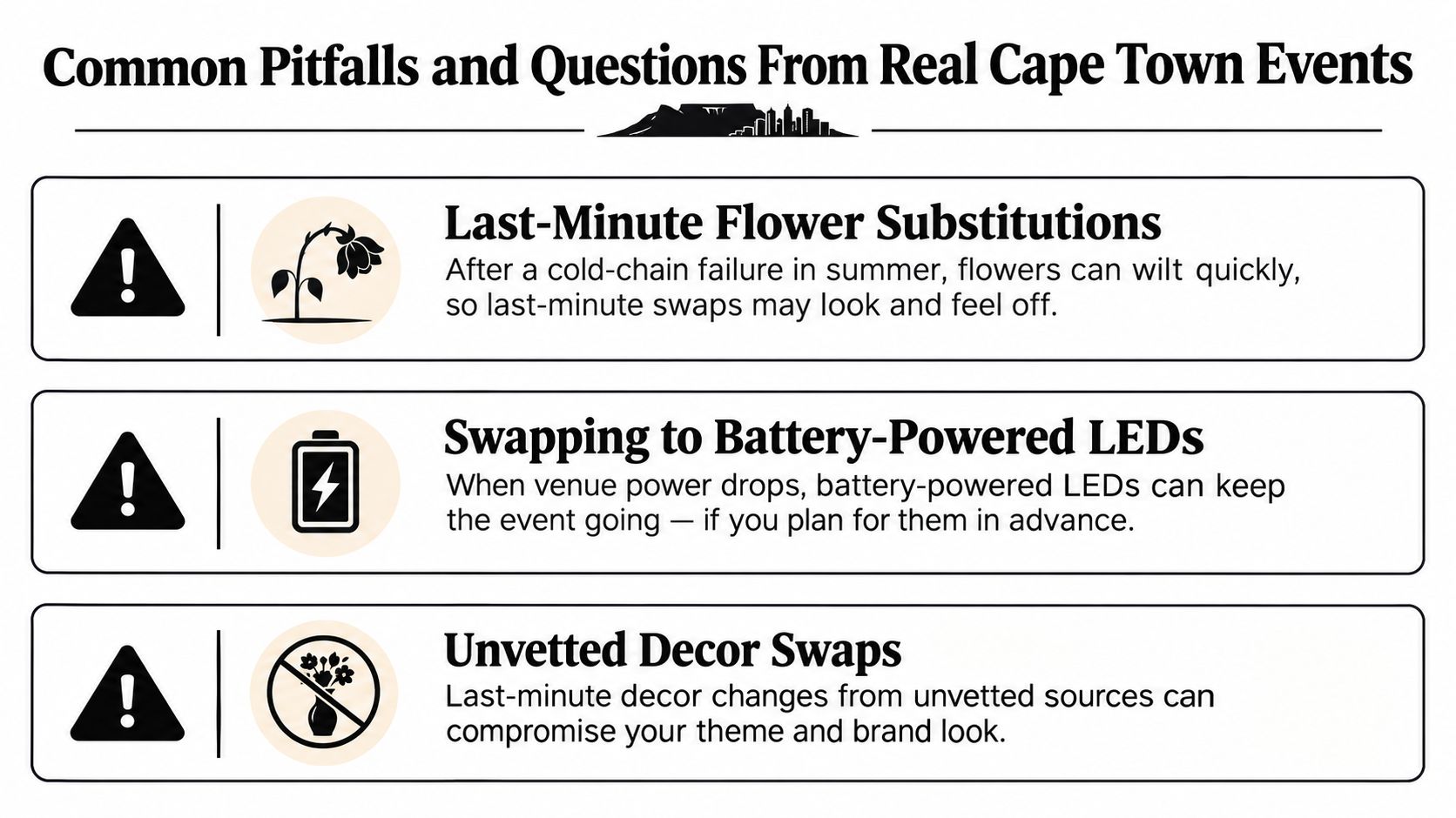 A graphic highlighting common challenges for Cape Town event planning, including flower wilting, power failures, and decor quality.