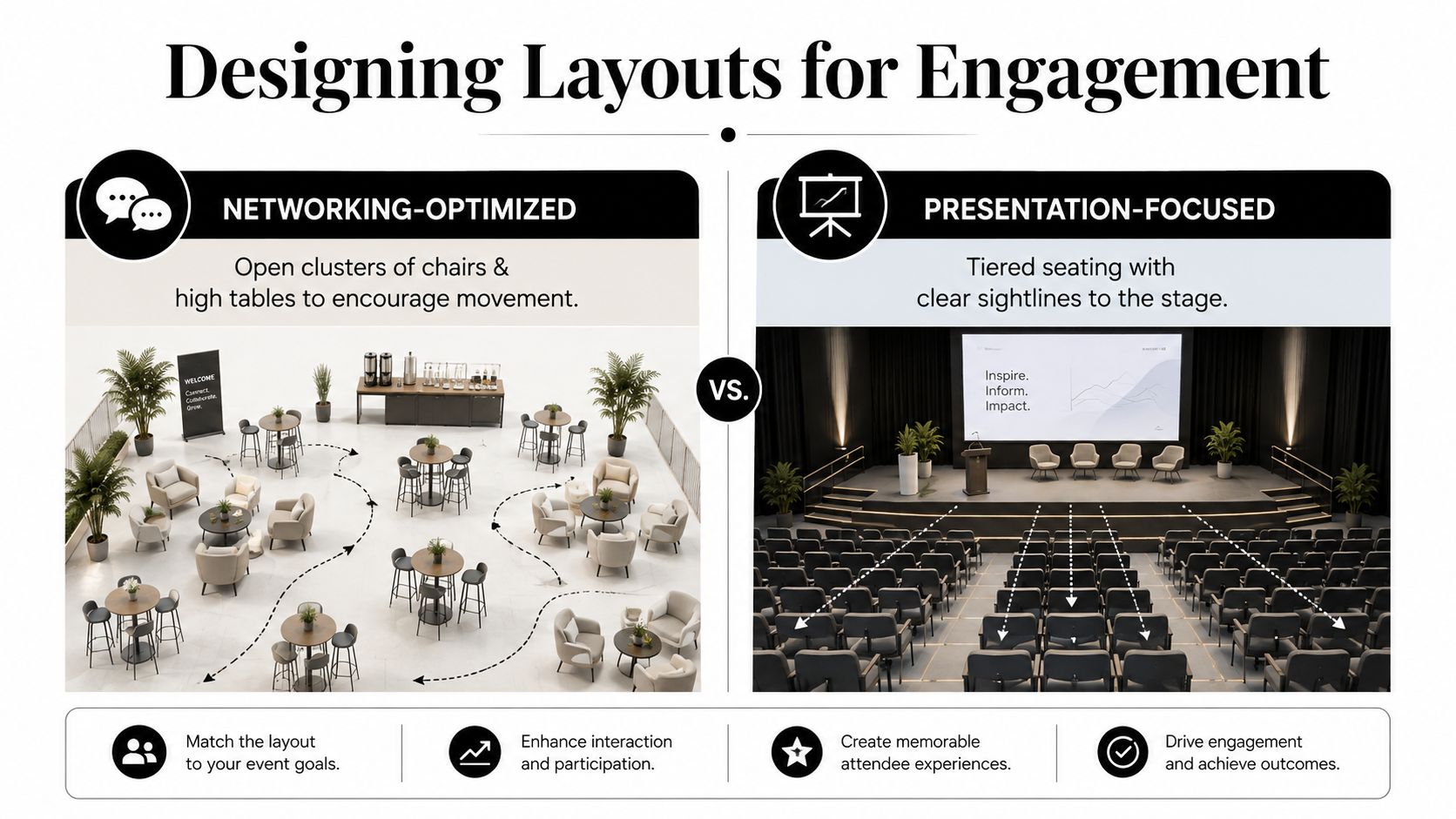 An infographic comparing networking-optimized event furniture layouts with presentation-focused theater seating for corporate events.