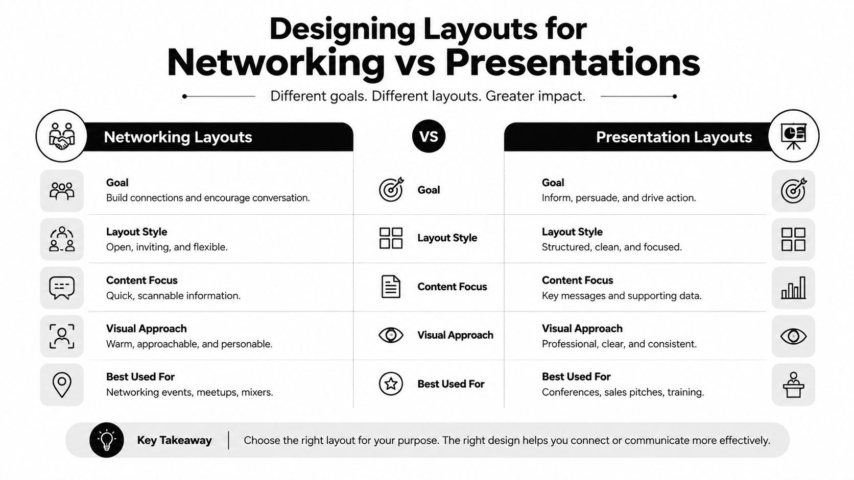 A comparison chart outlining design layout differences between networking events and professional presentations for better engagement.