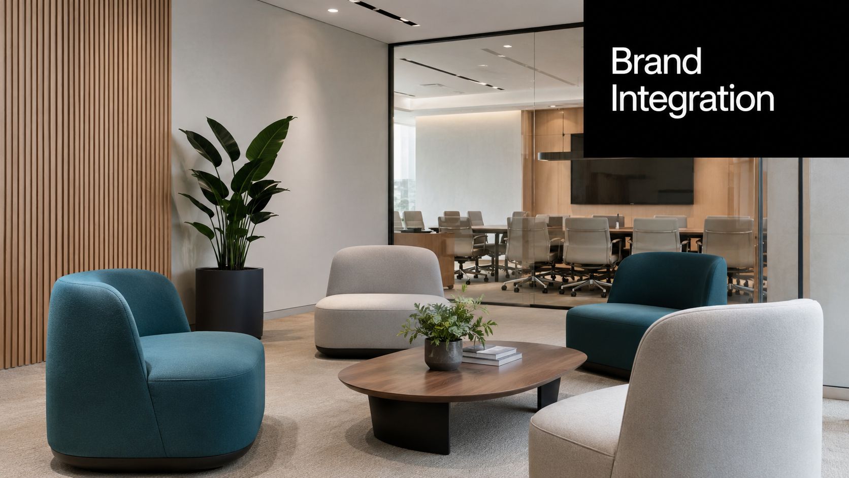 A modern office lounge area featuring soft teal and grey armchairs arranged around a wooden coffee table.