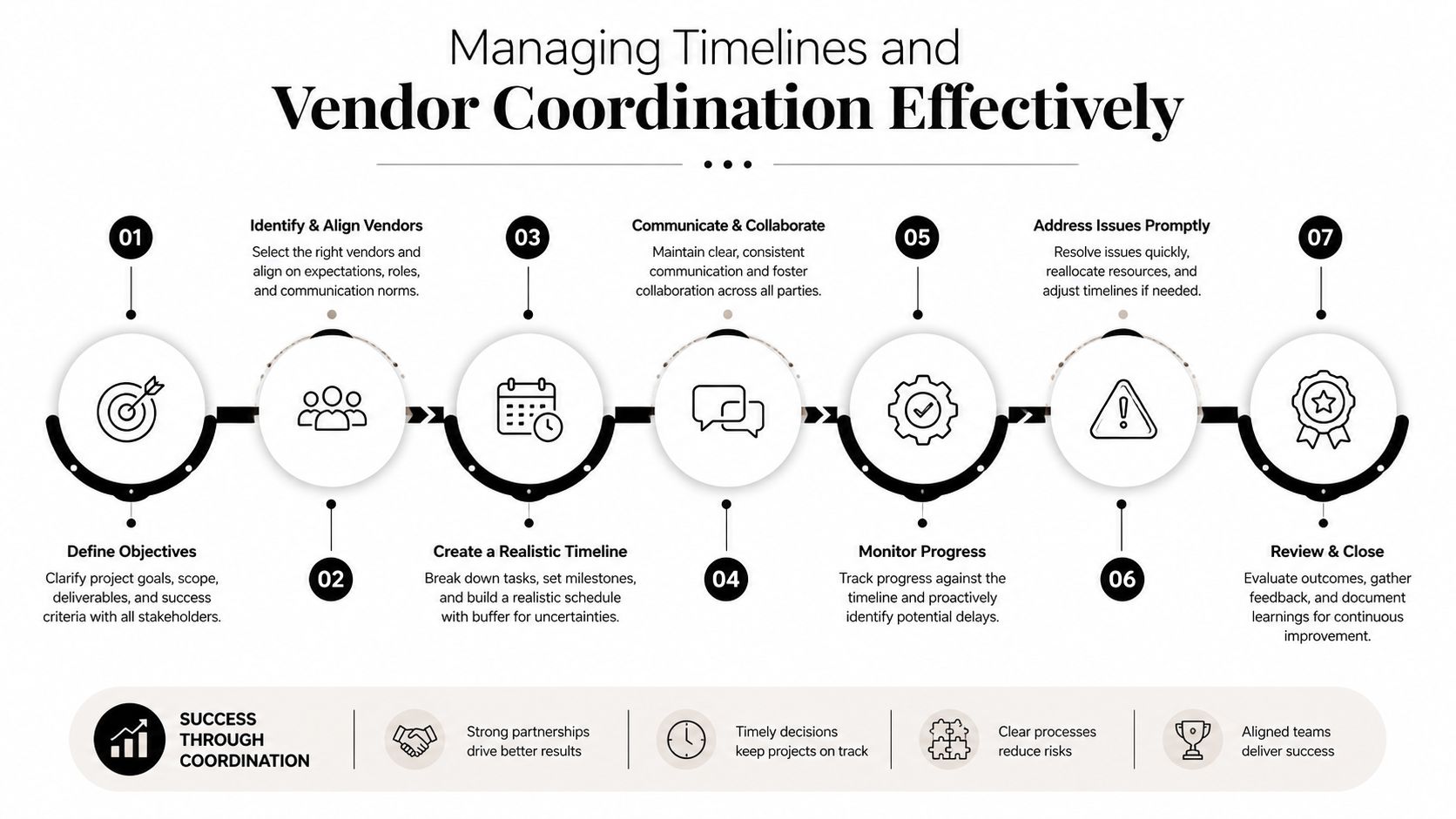 An infographic detailing seven essential steps for managing project timelines and coordinating with vendors effectively.