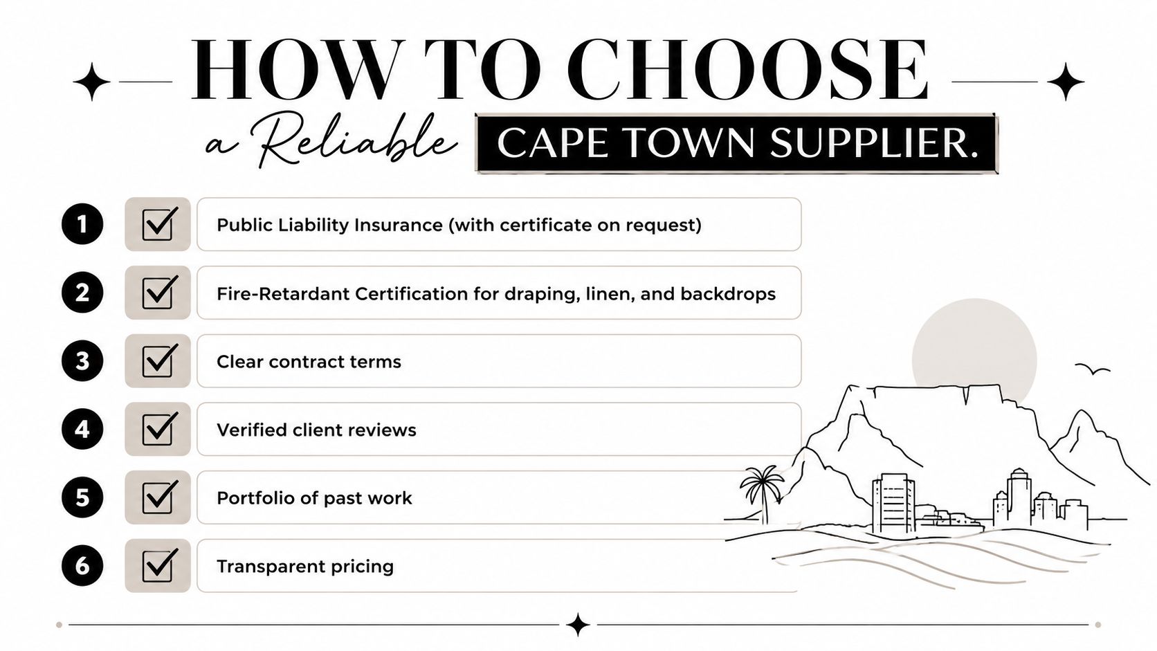 A checklist illustrating six key criteria for selecting a reliable event supplier in Cape Town, South Africa.