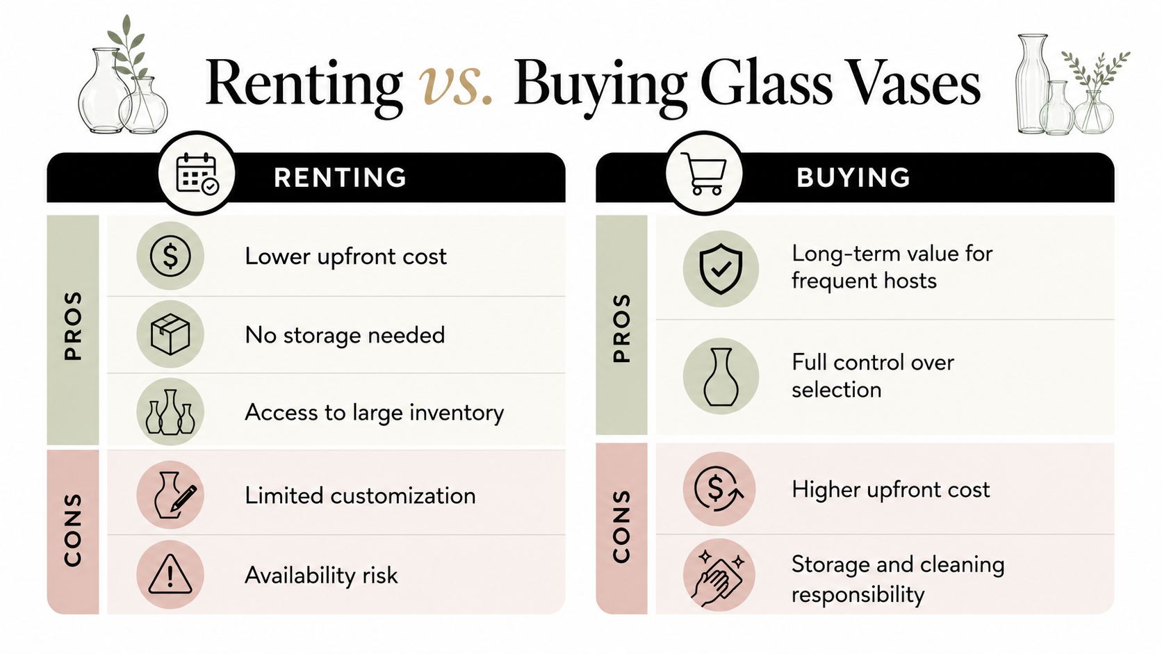 A comparison chart outlining the pros and cons of renting versus buying glass vases for events.