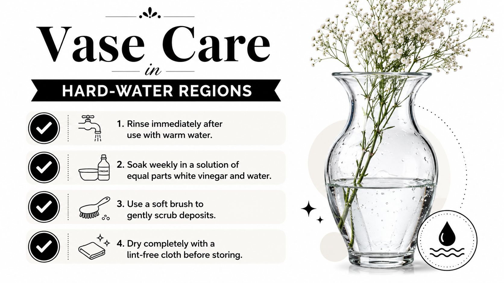 An infographic detailing four simple steps to clean and maintain glass vases in hard-water regions.