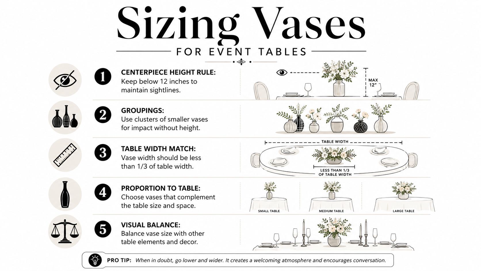 An infographic titled Sizing Vases for Event Tables explaining five key rules for floral centerpieces.