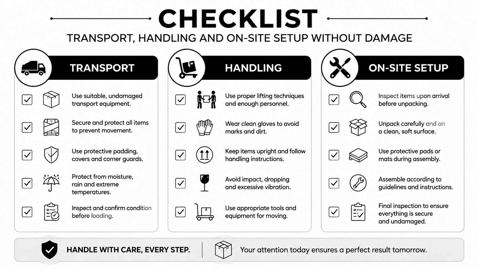A professional checklist infographic detailing best practices for transport, handling, and on-site setup of delicate items.