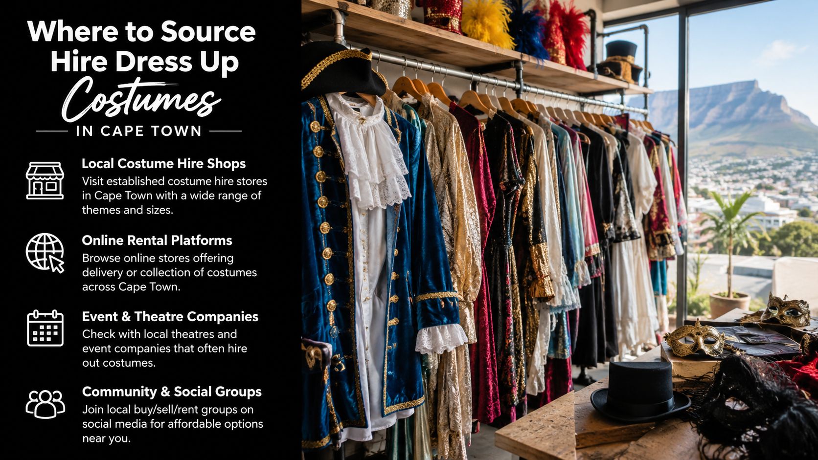 A rack of elaborate historical costumes in a Cape Town shop with Table Mountain in the background.