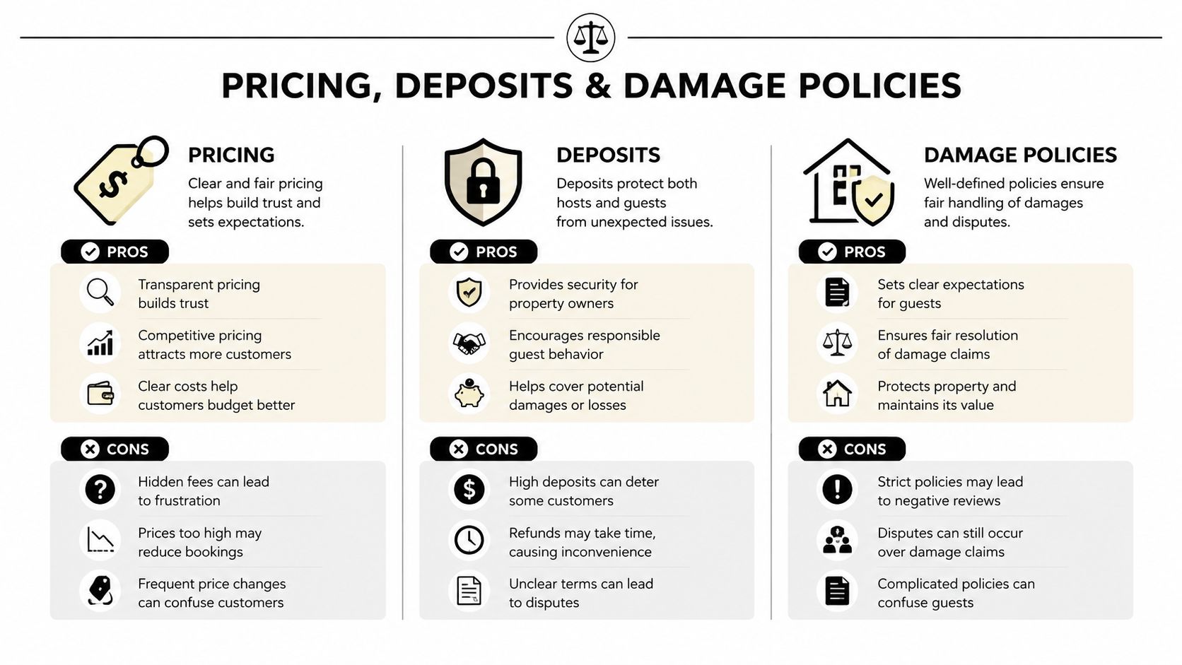 A professional infographic comparing the pros and cons of pricing, security deposits, and damage policies for rentals.