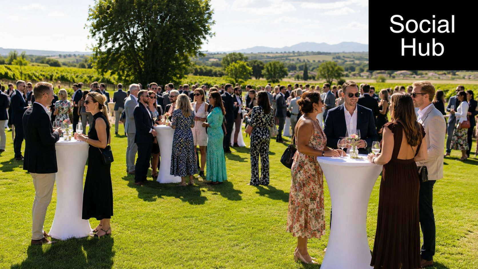 A group of people socializing around large cocktail tables at an outdoor vineyard garden party event.