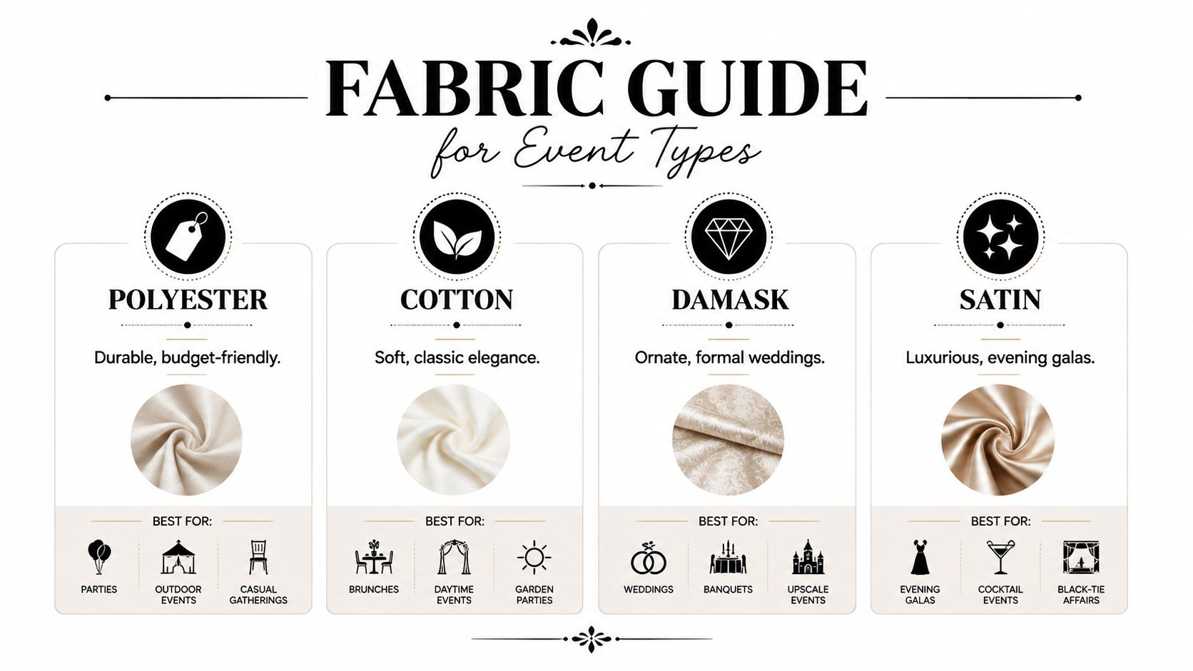 A fabric guide infographic detailing suitable uses for polyester, cotton, damask, and satin linens for various event types.