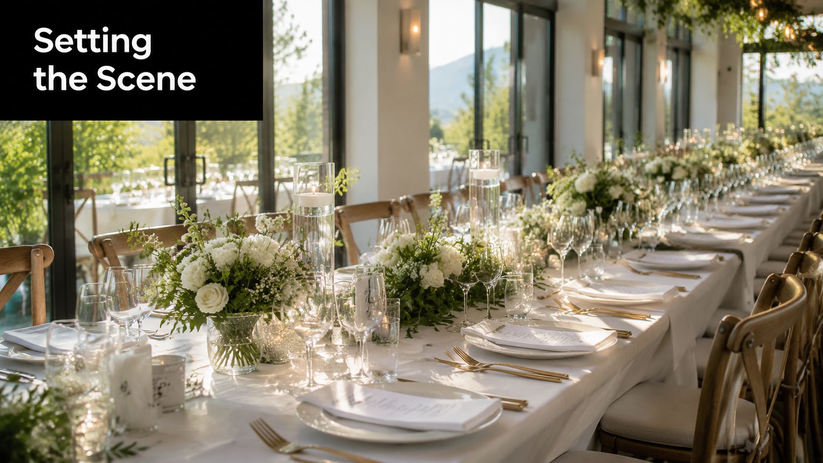 An elegant wedding dinner table setting featuring white floral arrangements, candles, and gold cutlery in a bright room.