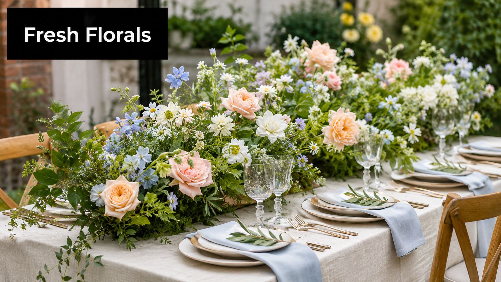 An elegant outdoor party table decorated with a lush floral centerpiece and blue linens on a rustic setting.