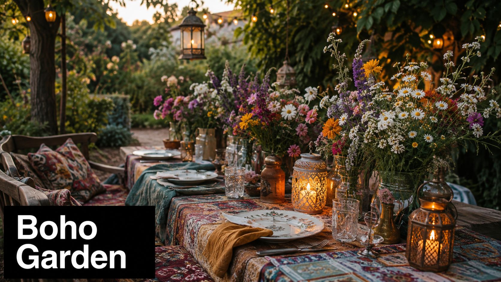 A beautifully decorated boho-style outdoor garden table set for an evening party with flowers and lanterns.