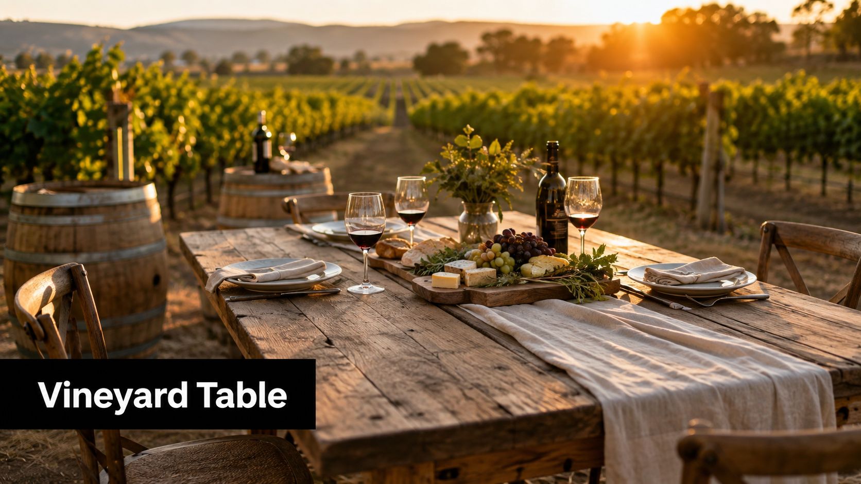 A rustic wooden table set for an outdoor dinner with wine, cheese, and grapes at a vineyard.