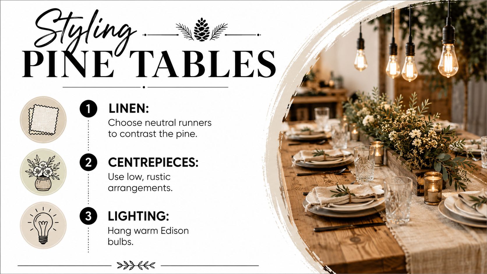 A rustic pine dining table styled with neutral linen runners, floral centerpieces, and warm hanging Edison bulbs.