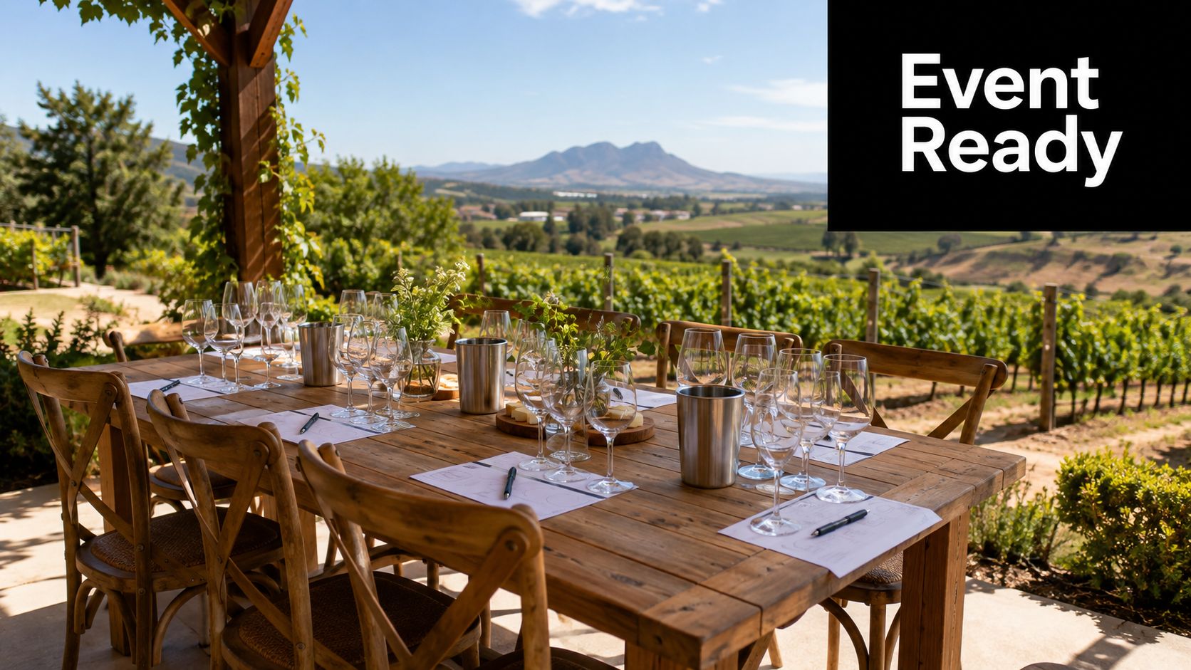 A rustic pine dining table and chairs set up for a wine tasting with vineyard views.