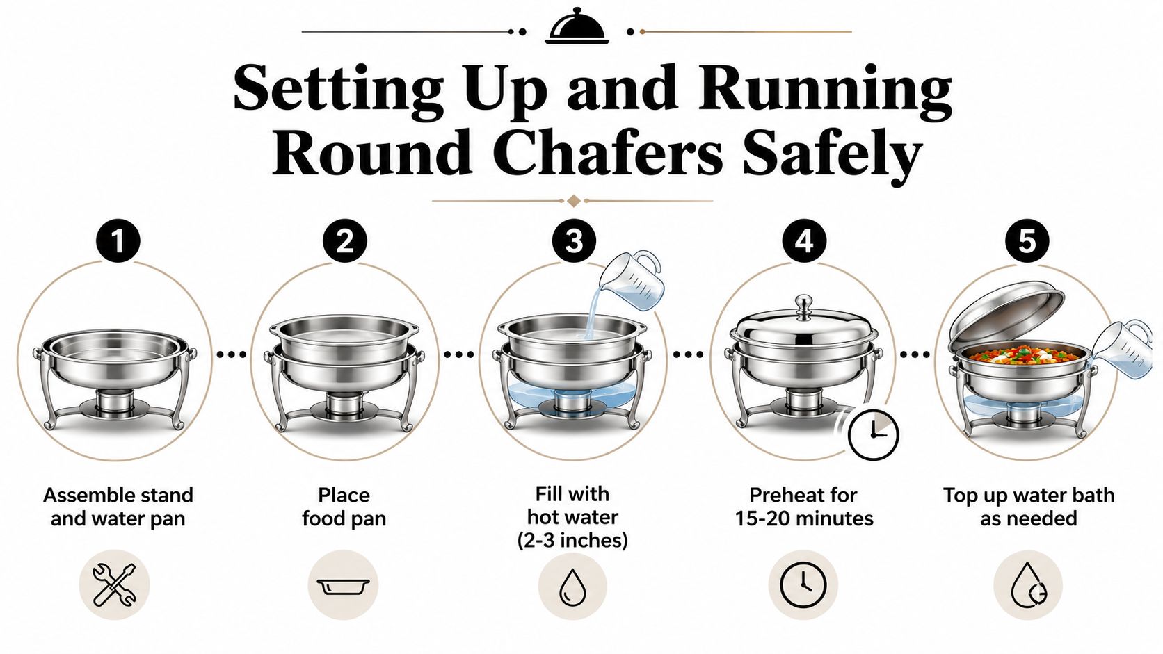 A five-step instructional guide on how to safely assemble and operate a round chafing dish for catering.