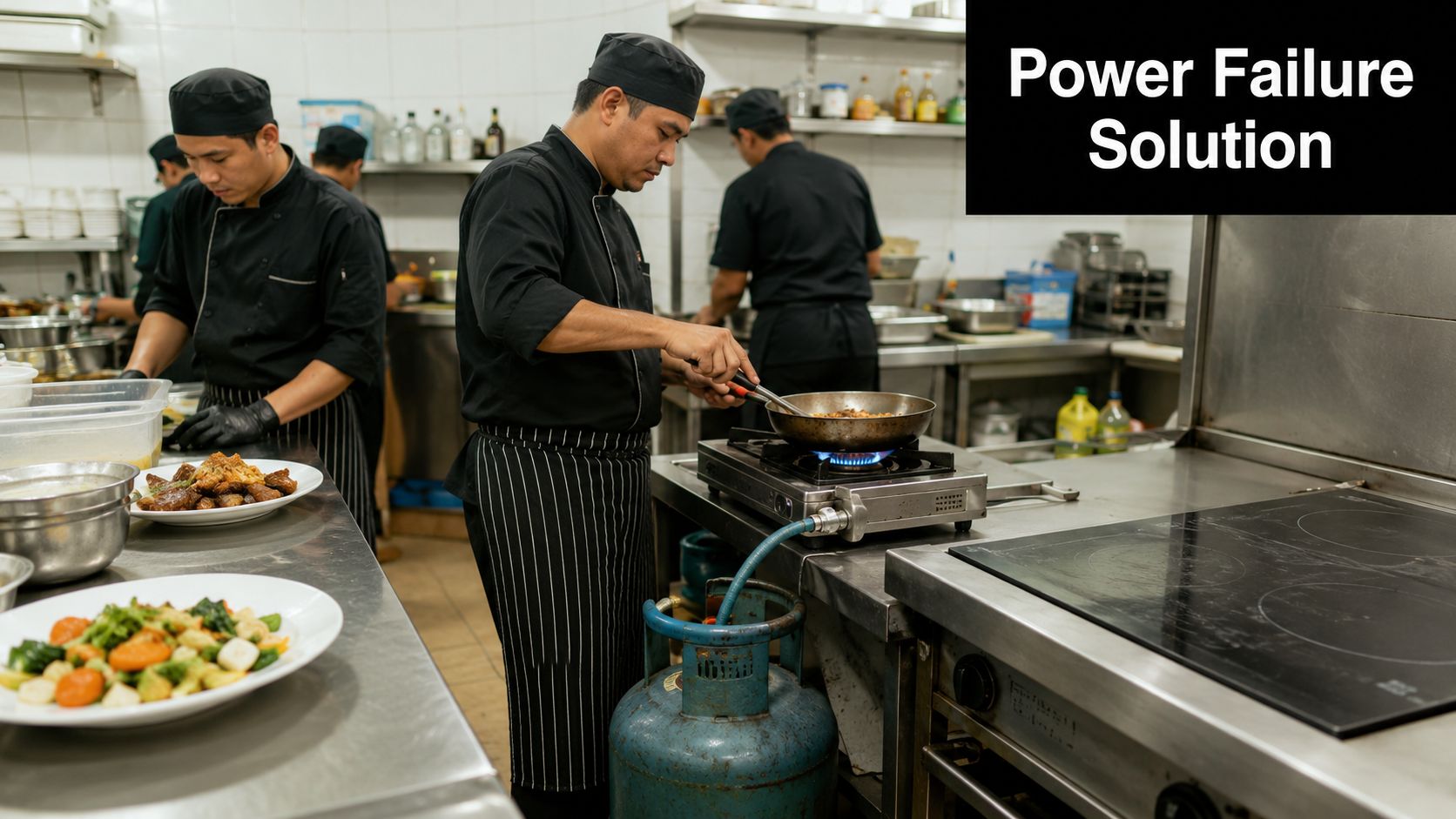 A professional chef cooking in a commercial kitchen using a portable gas stove and cylinder.