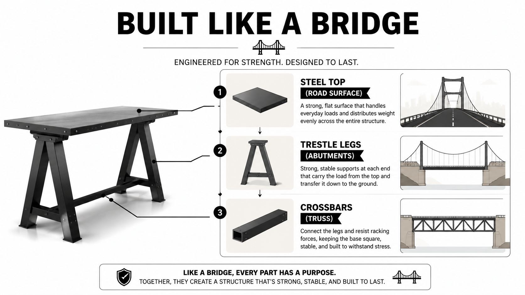 A diagram comparing a metal trestle table construction to bridge engineering components, explaining its structural strength and design.