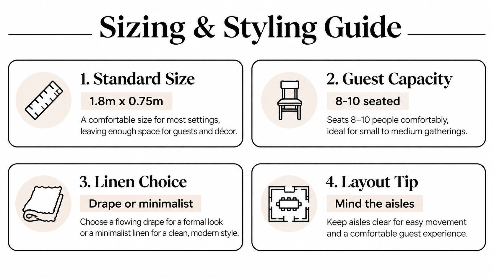 A sizing and styling guide for a steel trestle table, showcasing measurements, guest capacity, linens, and layout tips.
