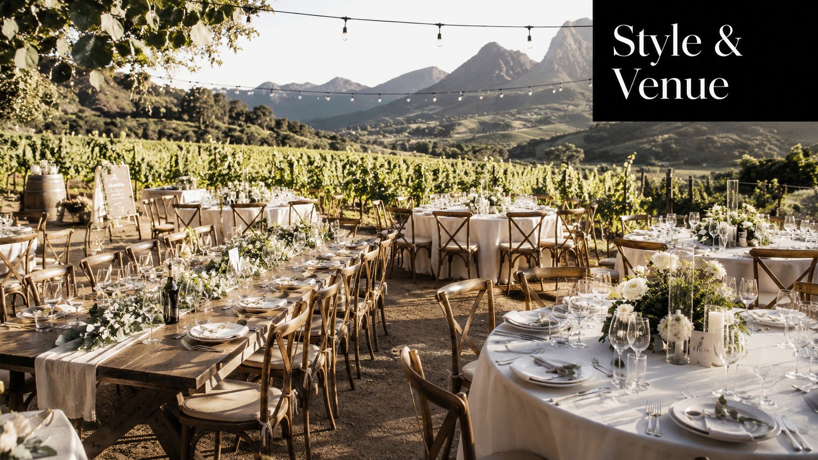 Outdoor wedding reception featuring rustic wooden tables and chairs set up in a scenic vineyard.