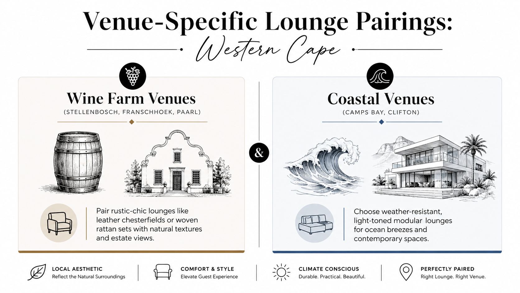 An infographic showing Western Cape venue-specific lounge furniture pairing suggestions for wine farms and coastal locations.