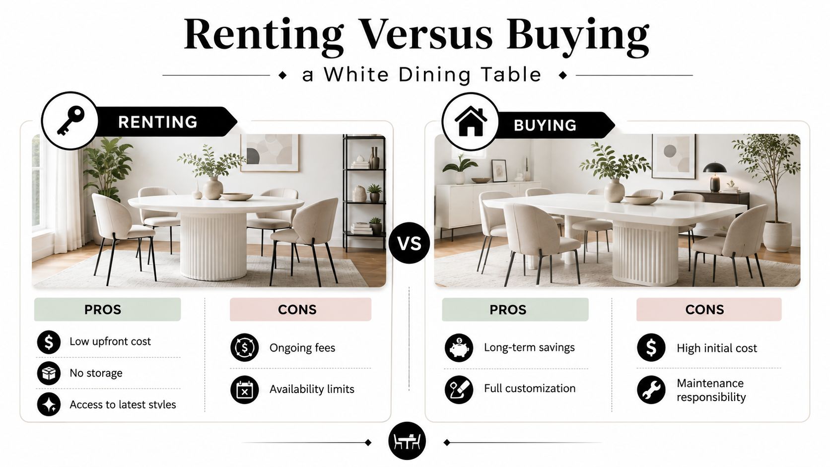 A comparison infographic showing pros and cons of renting versus buying a white dining table.