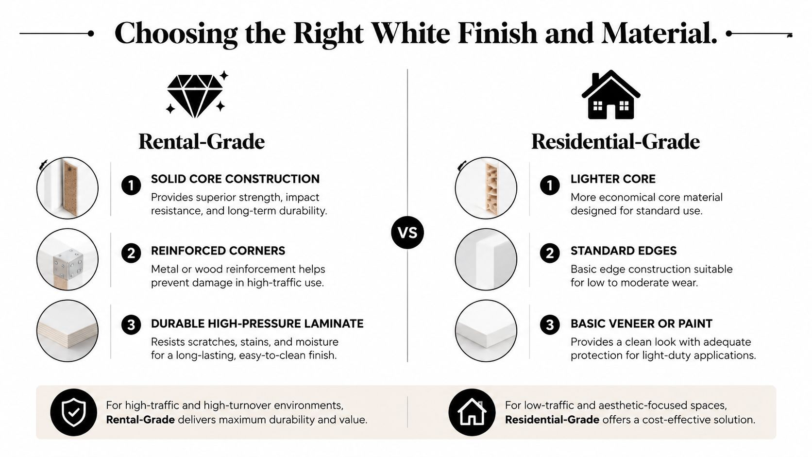 A comparison chart explaining the differences between rental-grade and residential-grade materials for white dining tables.