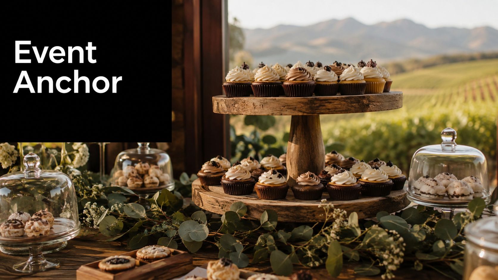 A rustic wooden tiered cupcake stand filled with gourmet cupcakes arranged on a table with flowers.