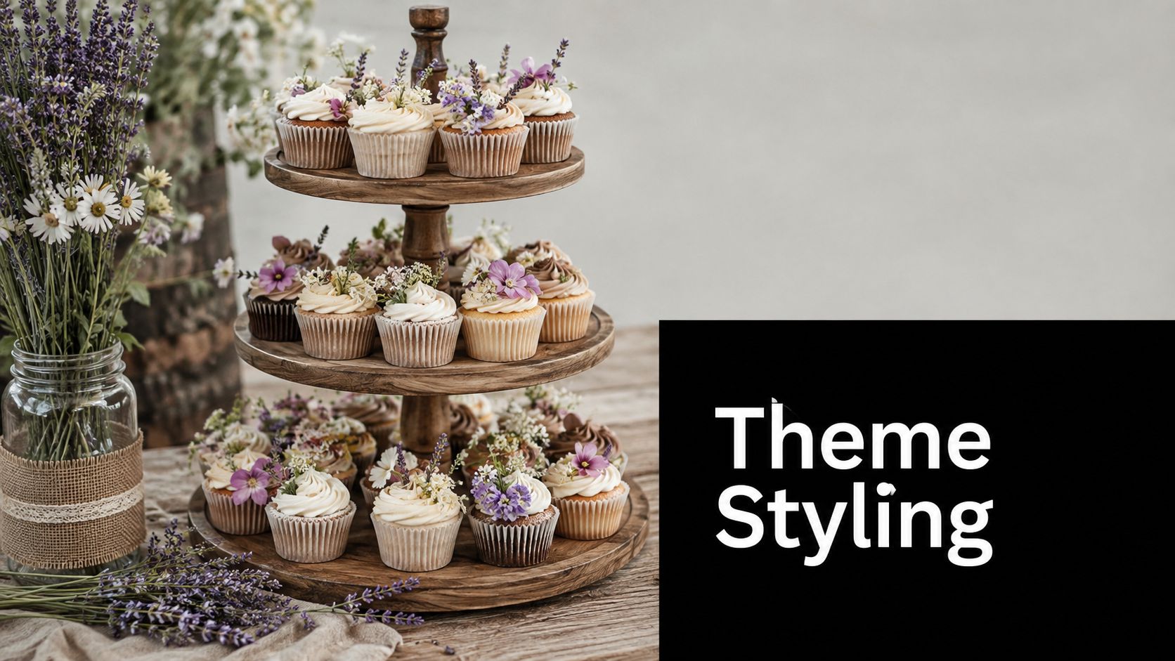 A rustic wooden cupcake stand decorated with delicate edible flowers and lavender on a wooden table.
