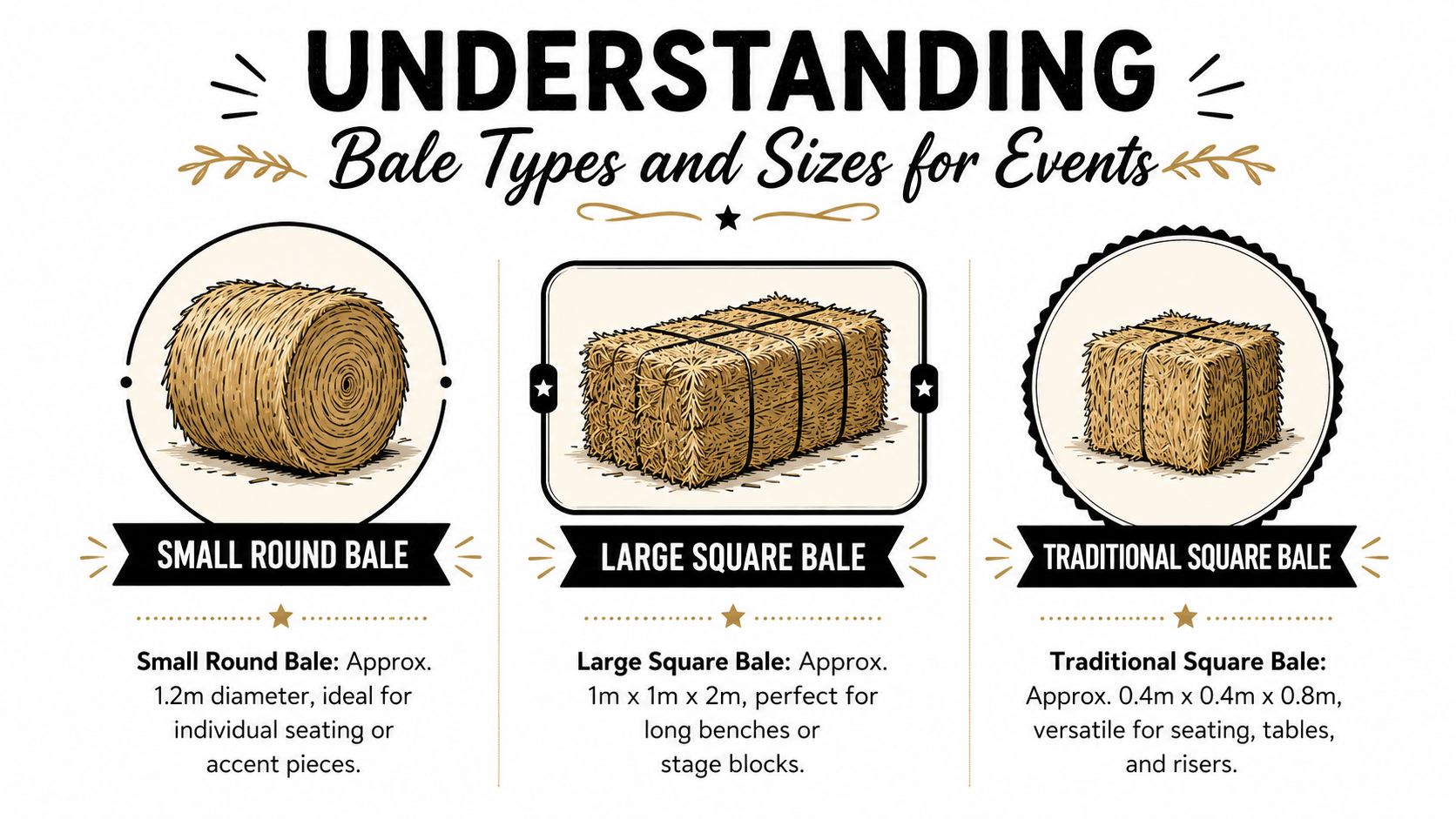 A graphic showing three types of hay bales with their dimensions and recommended uses for event seating.