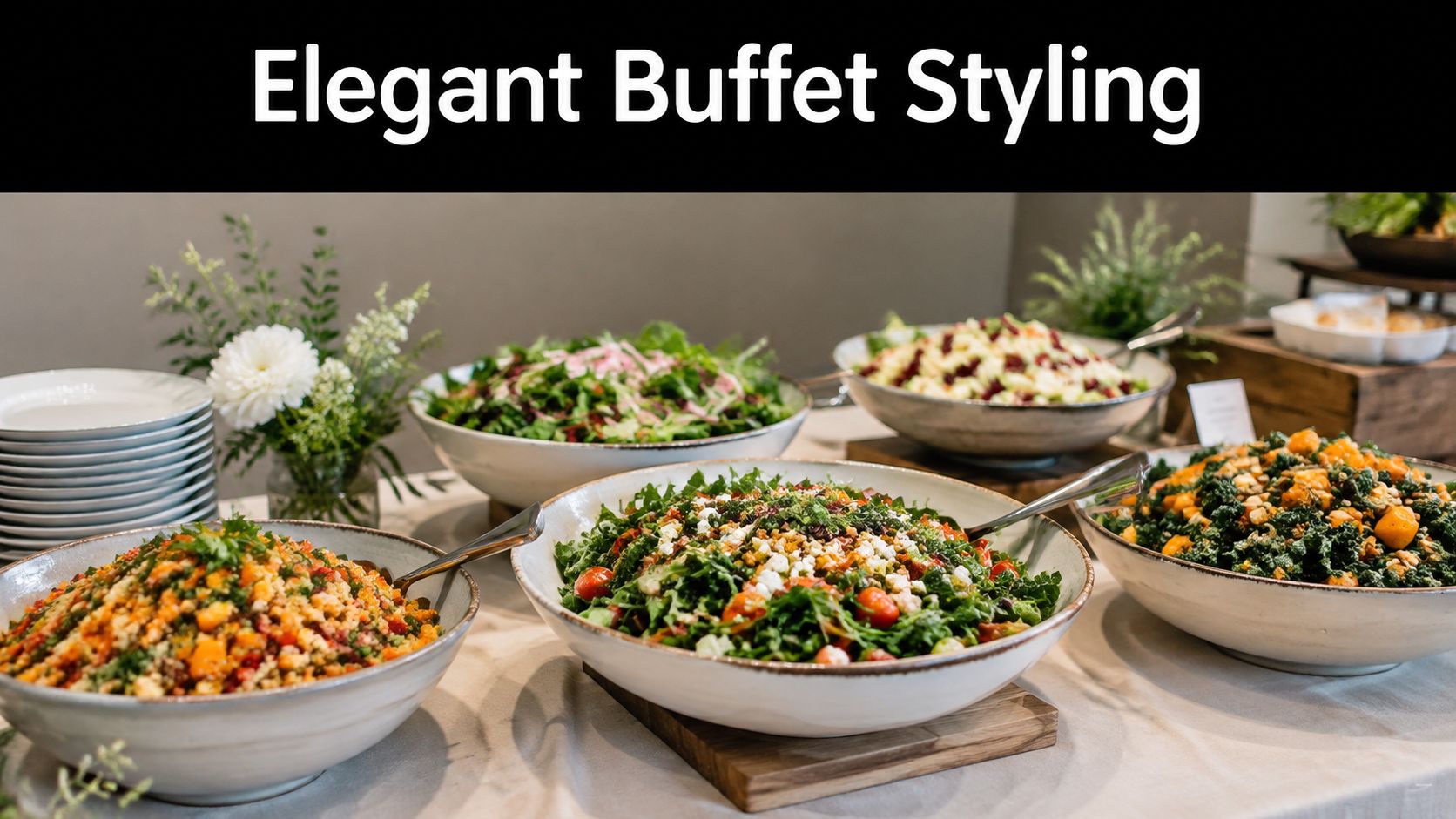 A buffet table with several large bowls filled with various colorful and healthy salads and vegetables.