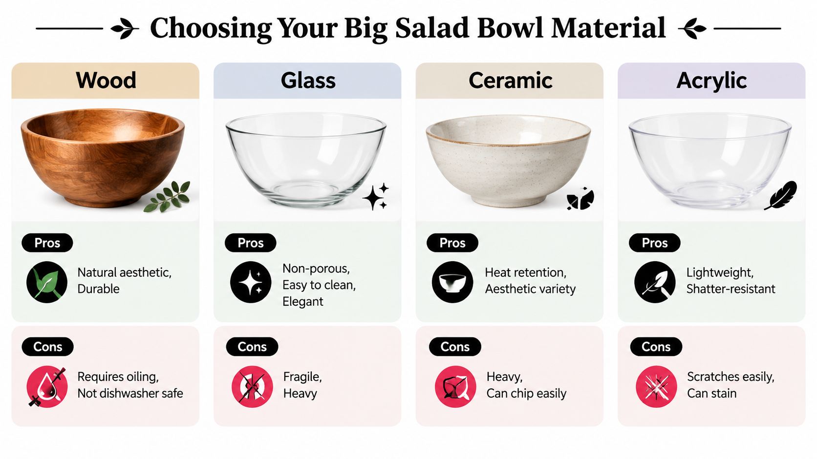A comparison chart outlining the pros and cons of wood, glass, ceramic, and acrylic salad bowls.
