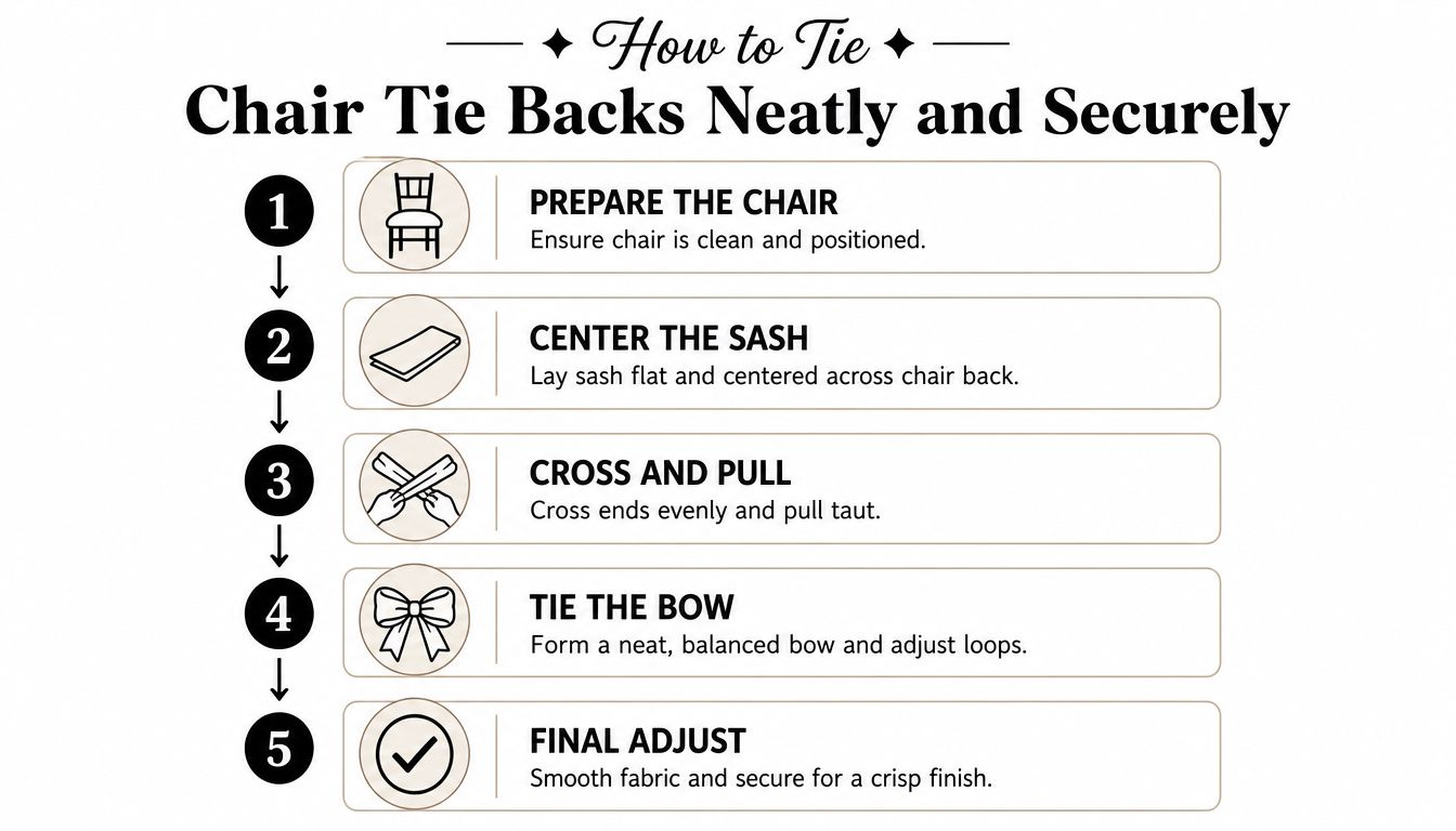 A five-step infographic guide demonstrating how to tie elegant chair tie backs for events.