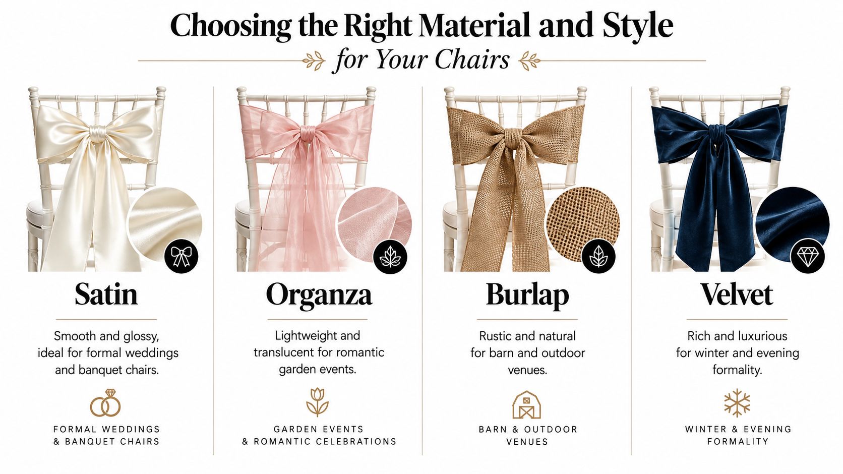 Four different styles of chair tie backs displayed on white chairs including satin, organza, burlap, and velvet.