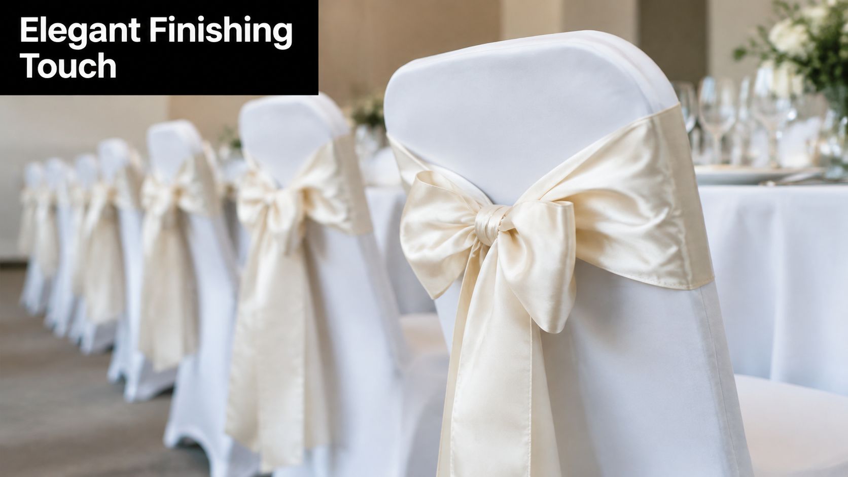 A row of white wedding chairs decorated with elegant cream satin ribbons and bows in a banquet hall.