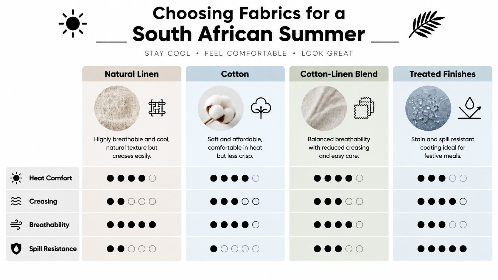 A comparison chart showing fabric properties like heat comfort, creasing, breathability, and spill resistance for summer clothing.