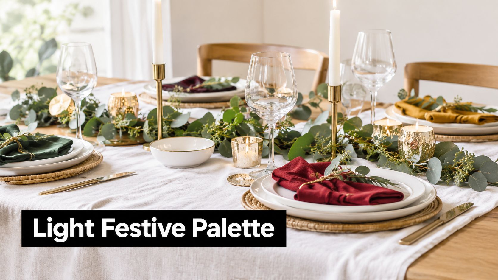 A beautifully decorated festive Christmas dining table set with elegant napkins, greenery, candles, and wine glasses.