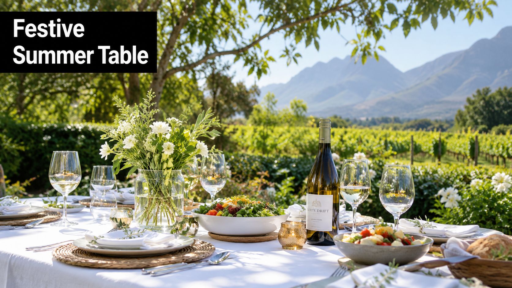 A beautiful festive table setting outdoors with wine, salad, and flowers overlooking a scenic vineyard.