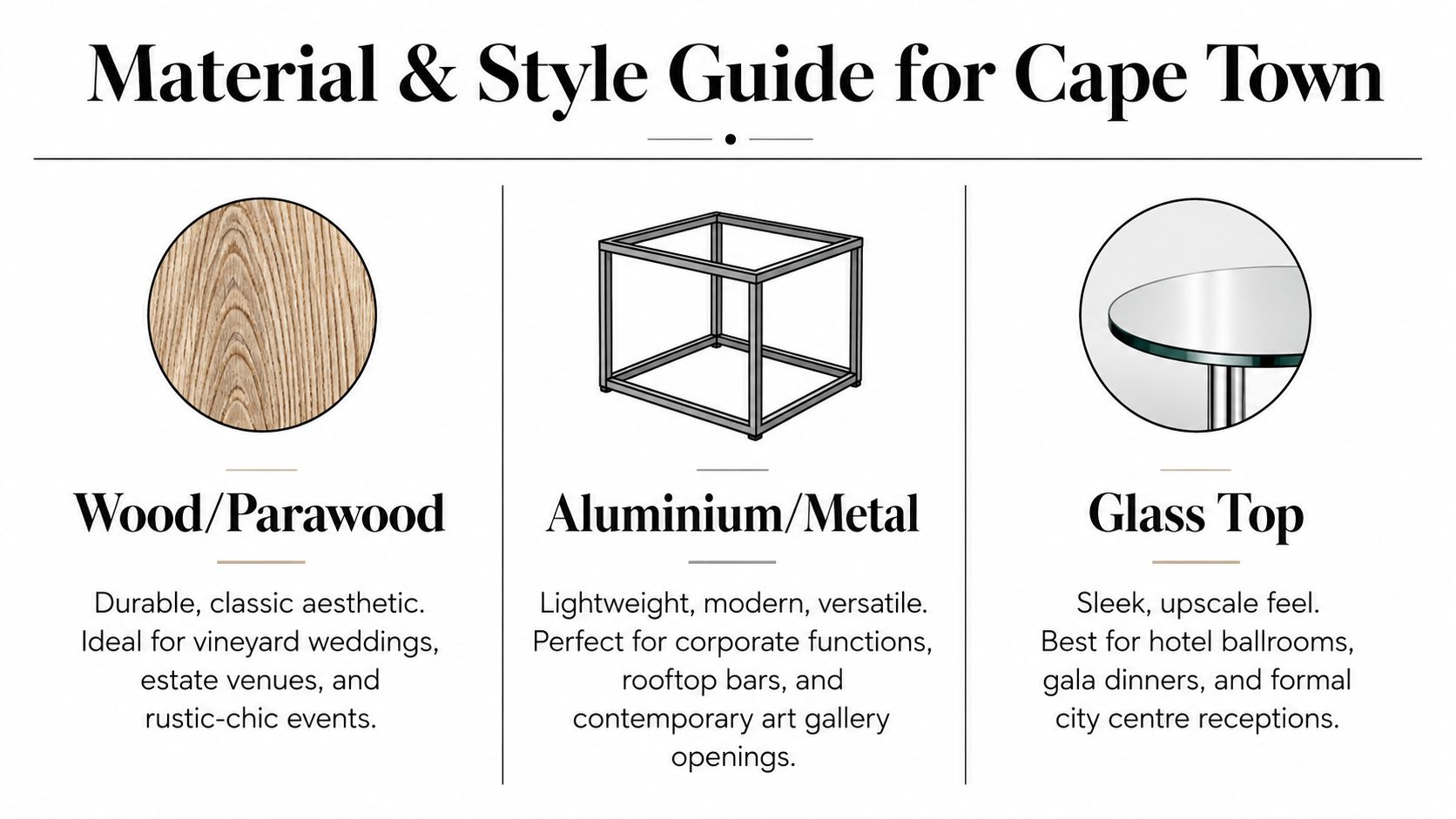 A design guide presenting wood, aluminium, and glass table material options for events in Cape Town.