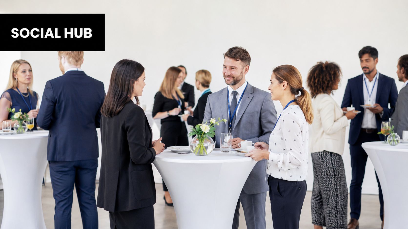 Professionals networking and chatting around high cocktail tables during a business event in a bright room.