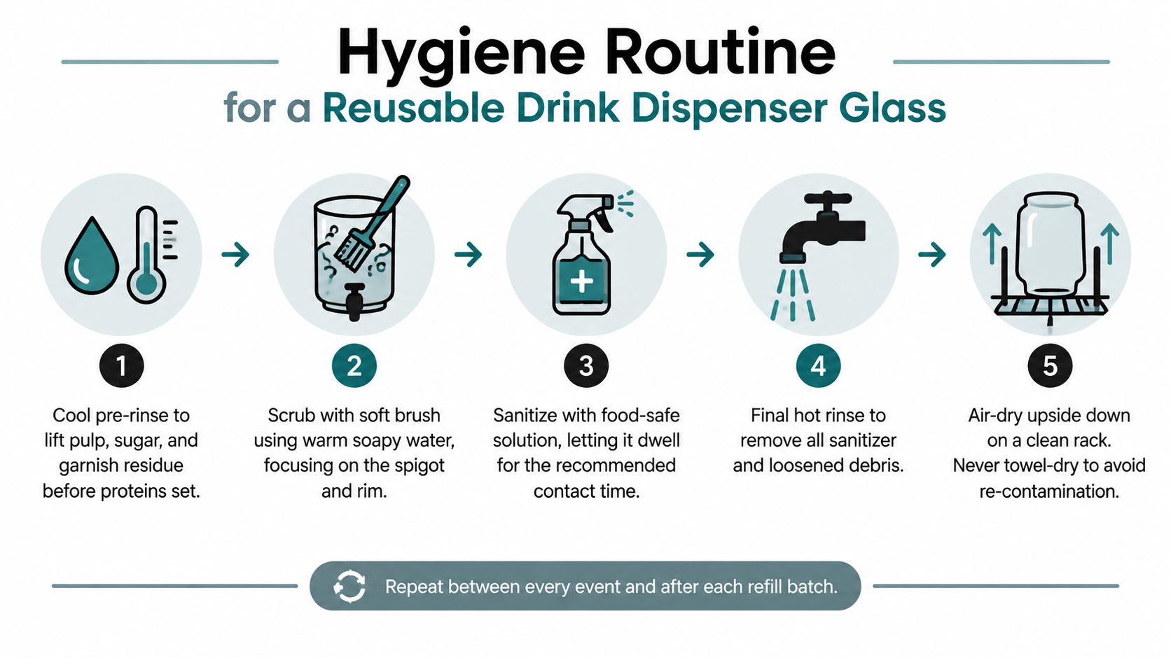 An infographic detailing the five-step hygiene routine for cleaning a reusable drink dispenser glass properly.