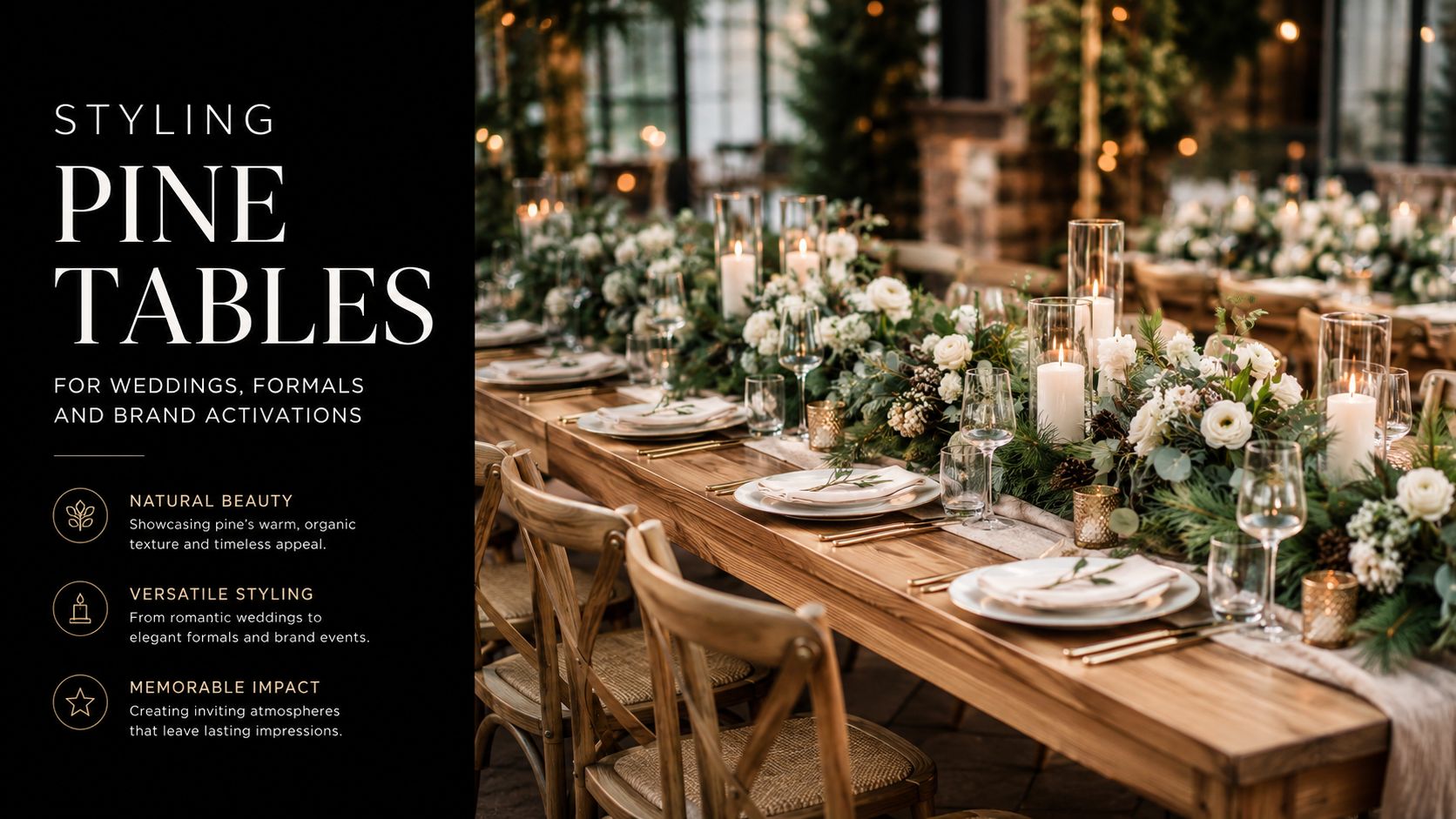 A beautifully styled long wooden dining table set for an elegant event with floral arrangements and candles.