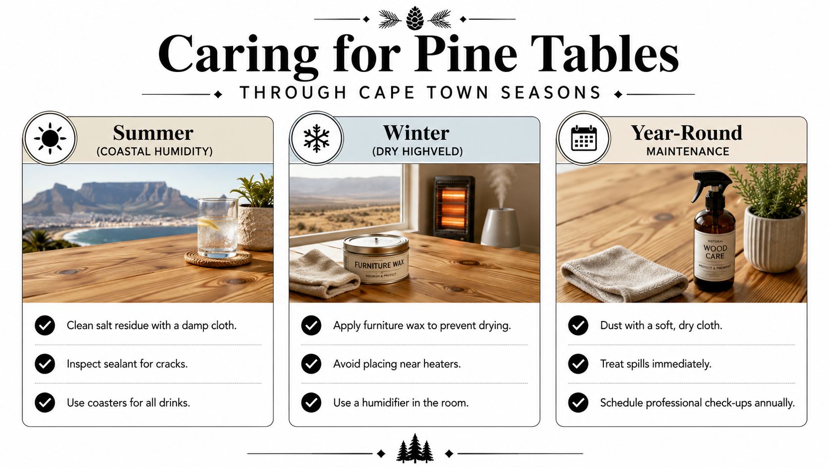 An infographic titled Caring for Pine Tables detailing care instructions for summer, winter, and year-round maintenance.