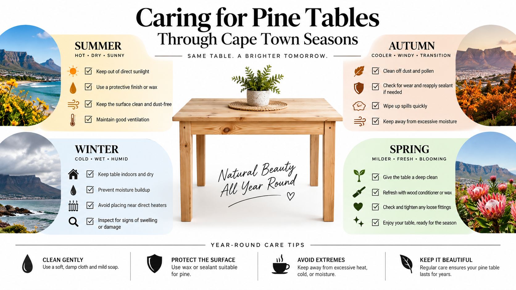 An infographic detailing seasonal maintenance tips for caring for wooden pine tables throughout the year.